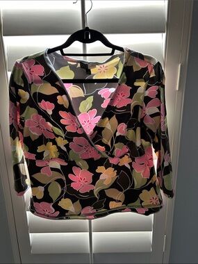 Saks Fifth Avenue Brown Floral Wrap-Front Top with Pink & Yellow Blooms